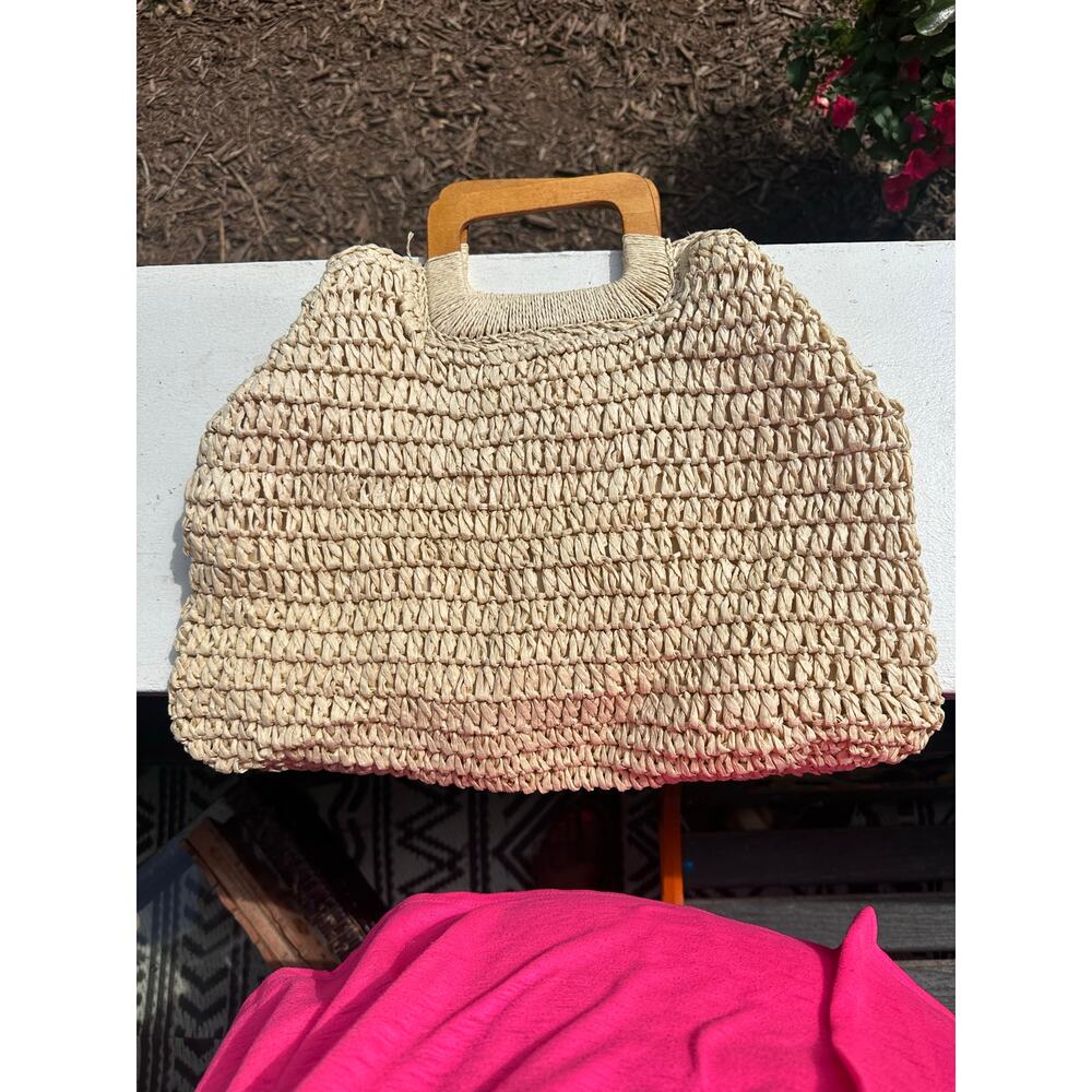 Woven Straw Raffia Handbag Wooden Handles Beach Resort Boho Tote Purse - Picture 2 of 8